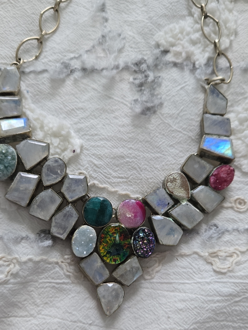 Multicolor Gemstone Statement Necklace - White & Jewel Tones
